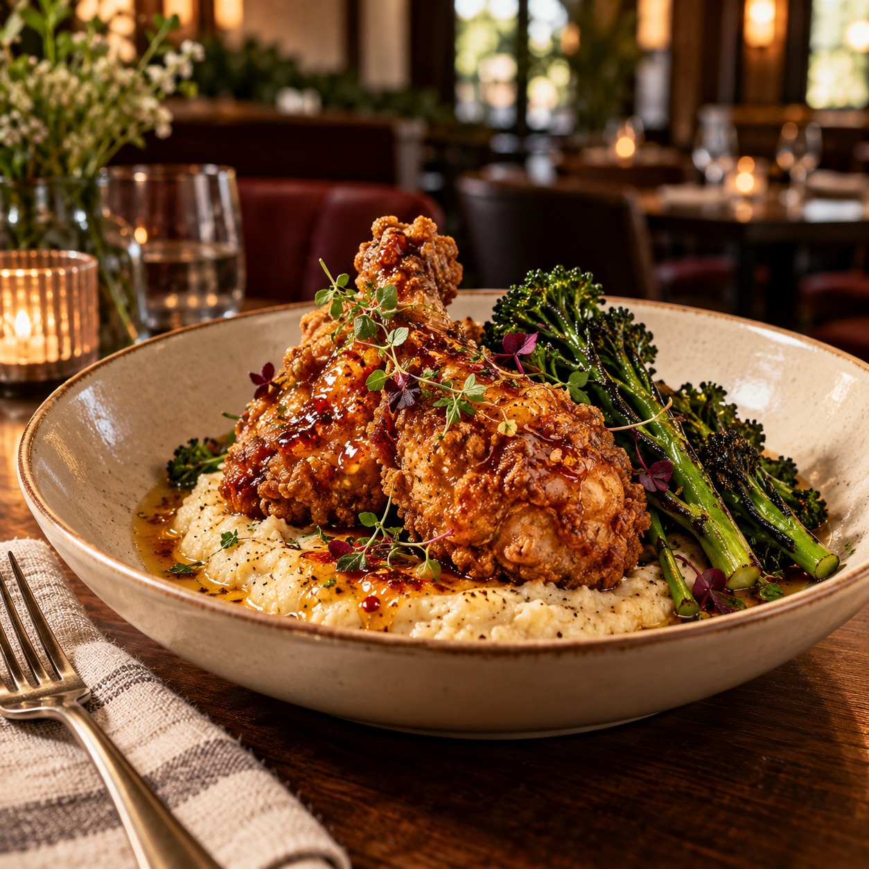Illustrative signature dish with crispy chicken, greens, and a creamy side