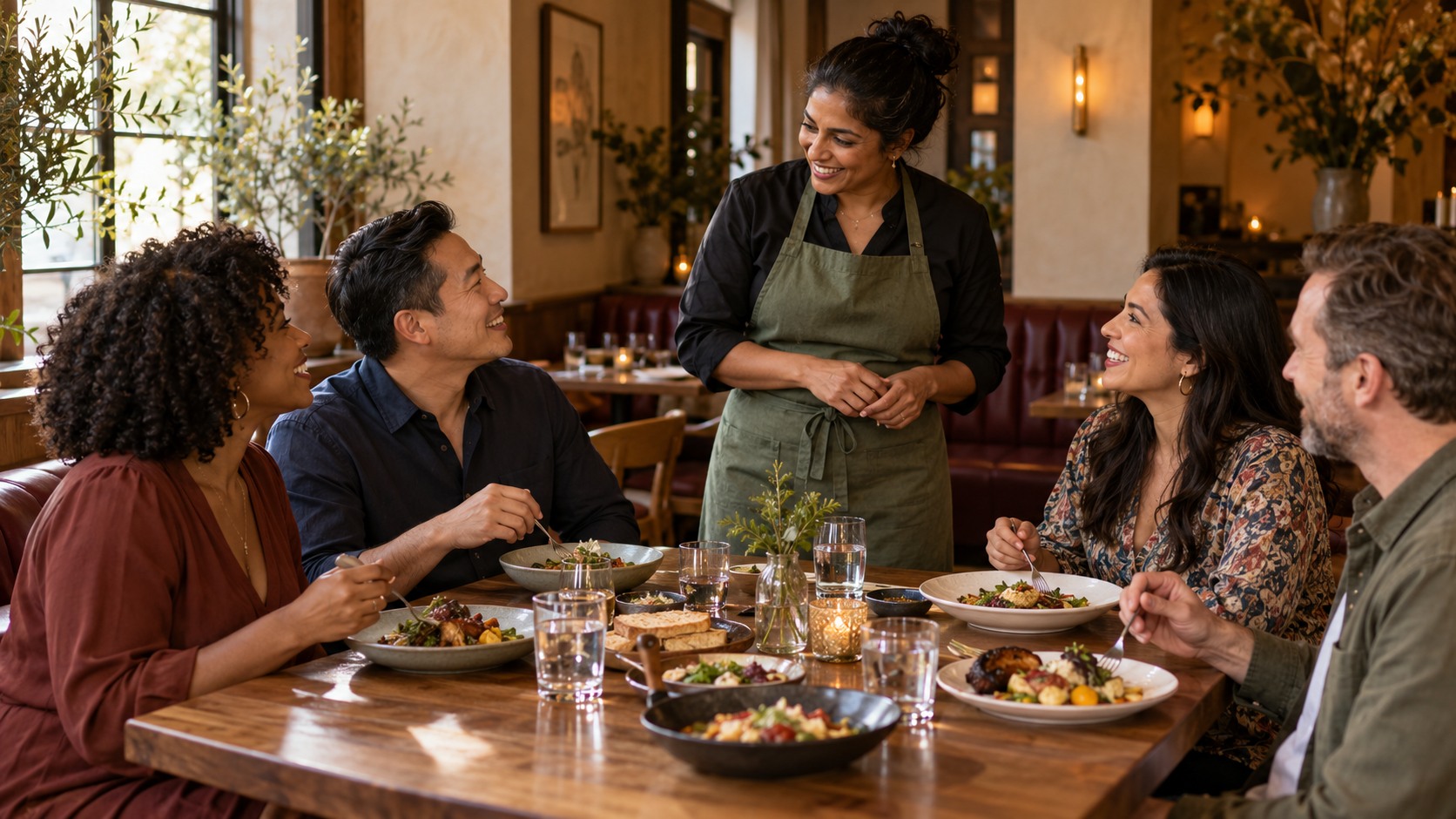Illustrative diverse restaurant community sharing a meal